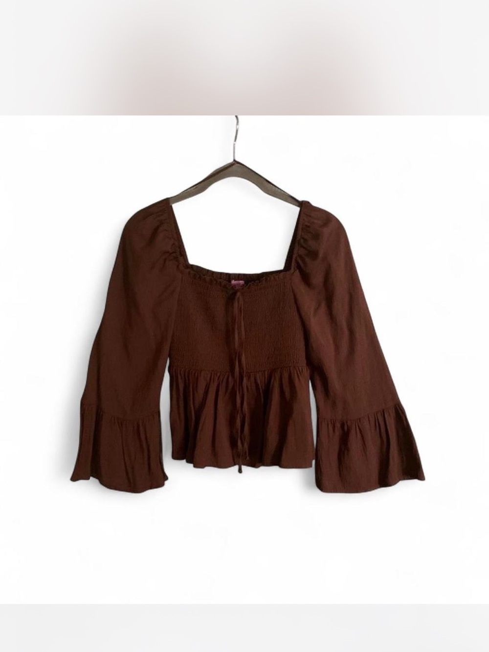 Boho Earthcord Francesca's Collections Brown Smocked Square-Neck Peasant Blouse